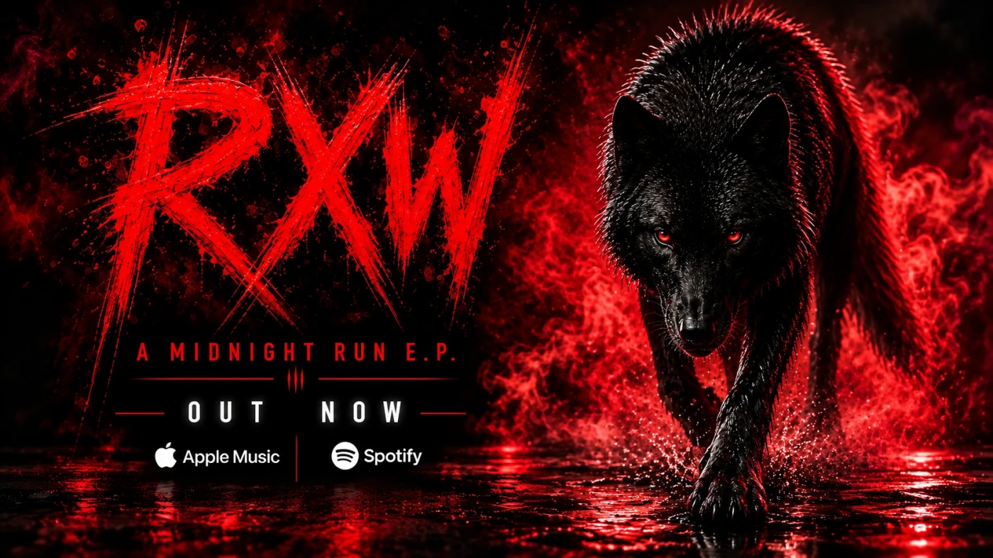 RXW A Midnight Run promotional artwork with red lettering and a black wolf