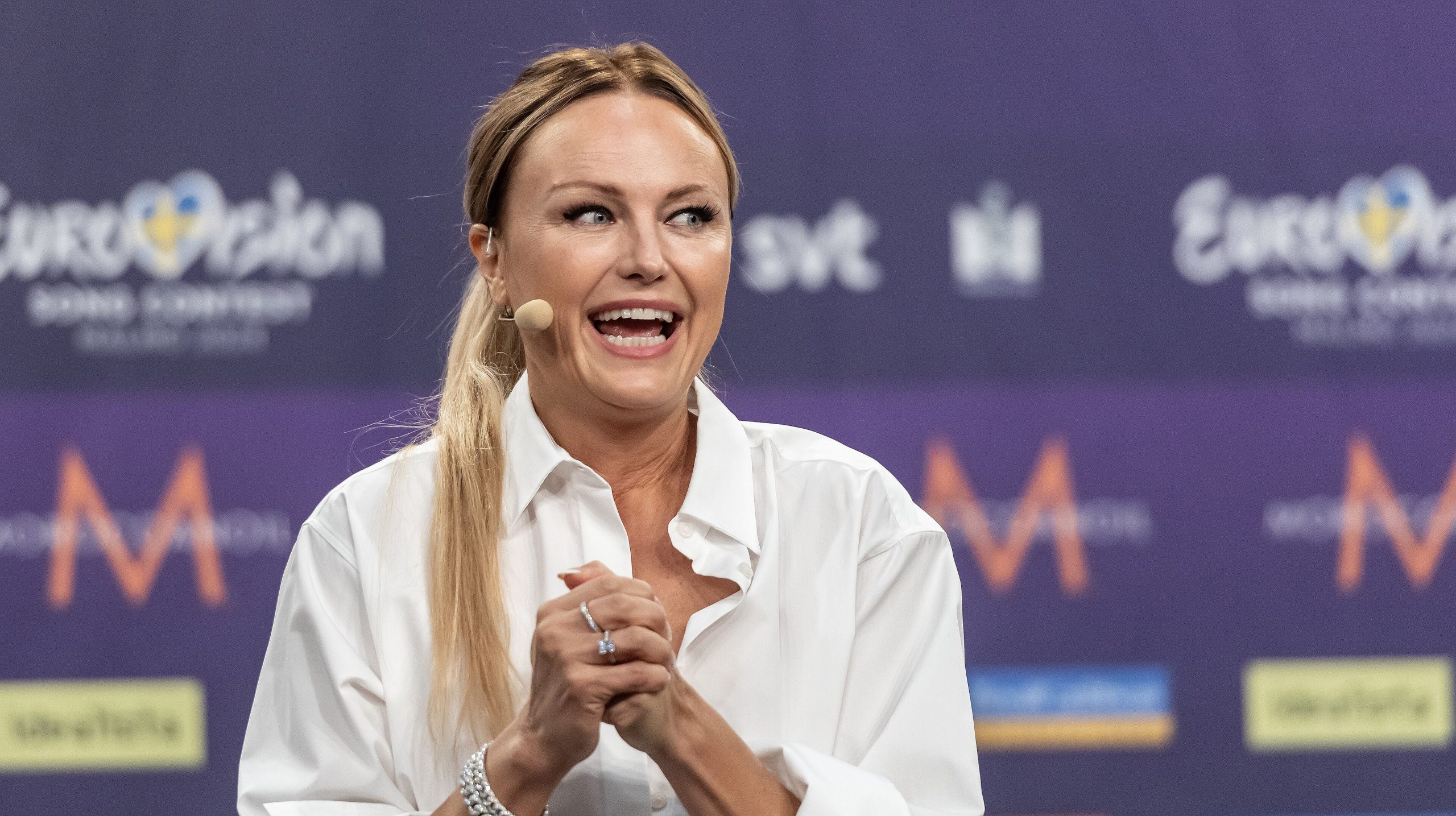 Malin Åkerman speaking at a Eurovision press conference
