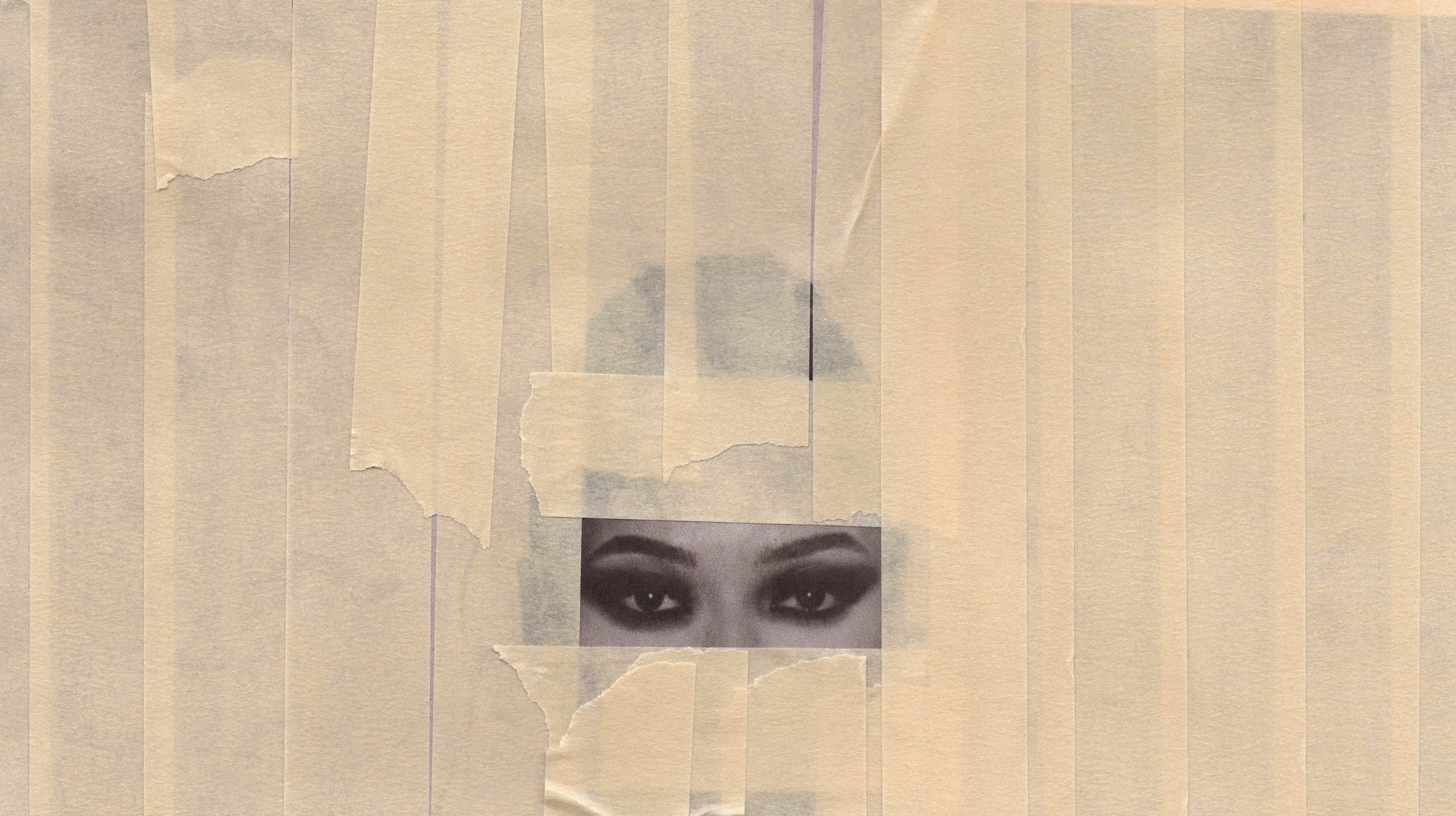 Official HABIBTI (FOMO) cover artwork with a woman's eyes visible between beige paper strips