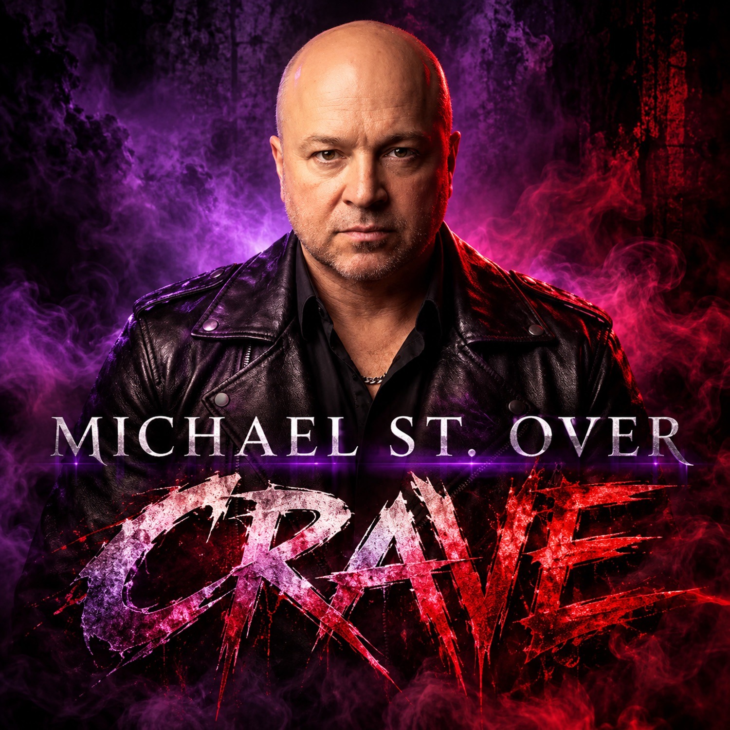 Michael St. Over in a black leather jacket against purple and red smoke on the Crave cover